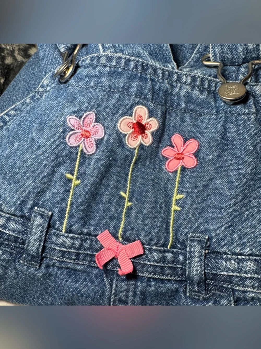 Vintage Y2K girly cotton denim overalls with pink embroidered flowers 6 months🔹